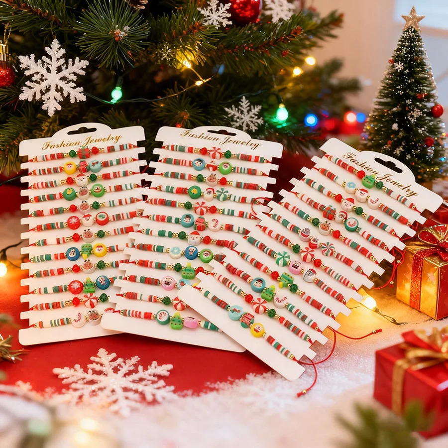 12PcsDozen Christmas Series Cute Bracelet Unisex Adjustable Knot Soft Rubber Beads Braslet Festival Party Friendship Joias 251103