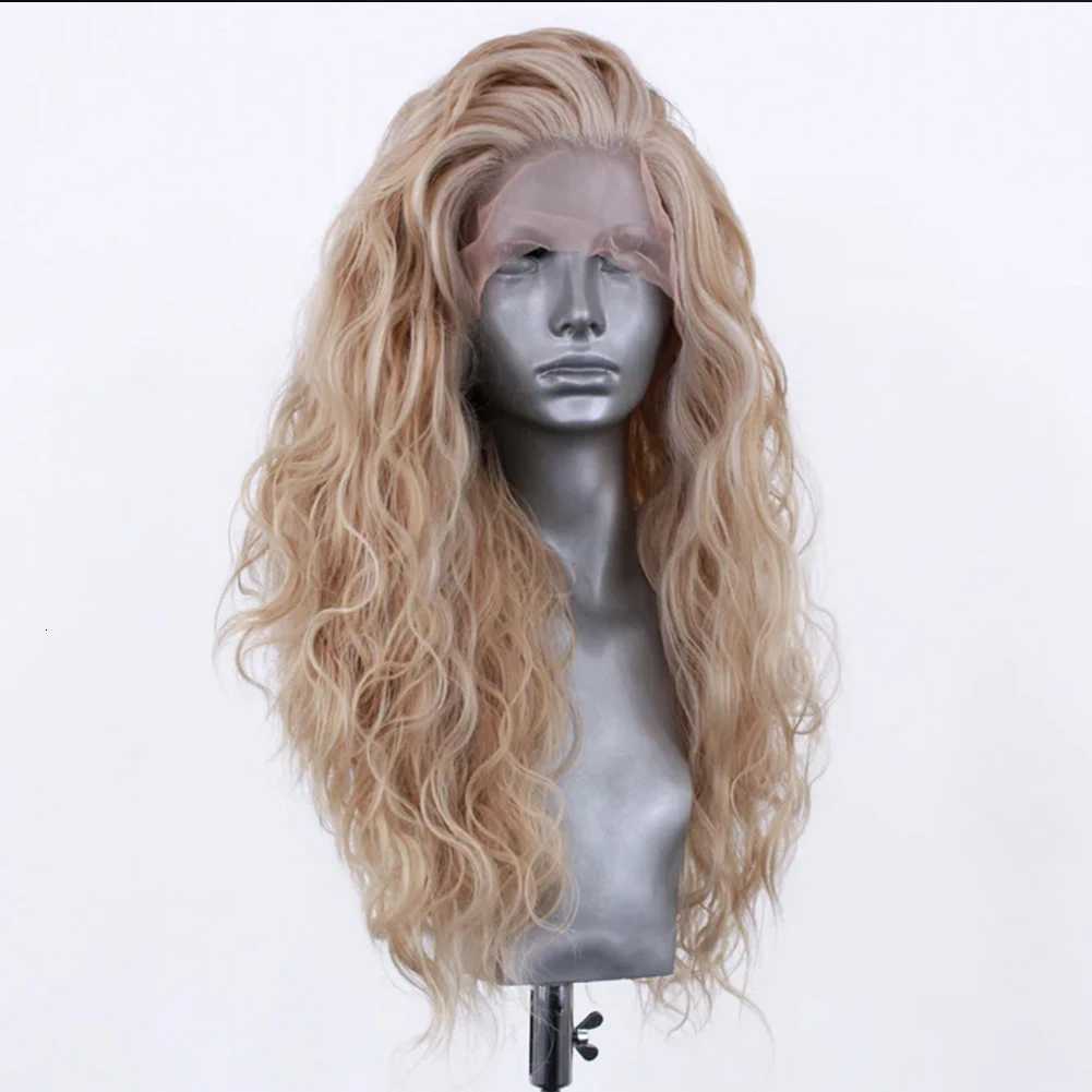 AIMEYA Long Wavy Blonde Synthetic Lace Front Wig for Women Fashion Style Lace Wigs Free Part Heat Resistant Fiber Wig CosplayT251111