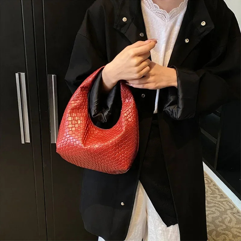 Retro Casual PU Leather Tote Woven Embossed Shoulder with Knotted Detail - Versatile Pleated Hobo Bag by R251111 XJ260206