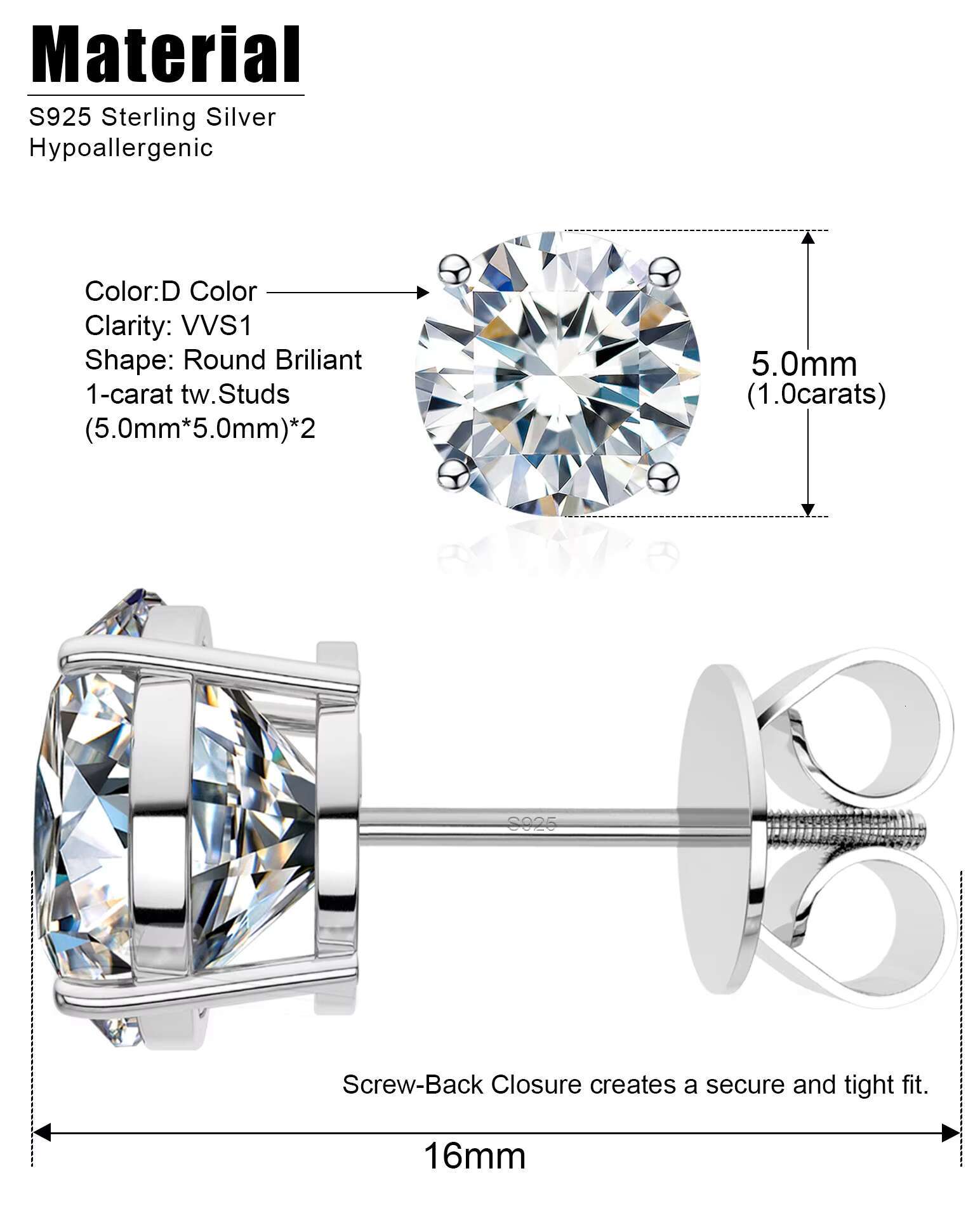 Pass Diamond test VVS D Moissanite Earrings Men Women 0.5CT-3CT 925 Silver GIA Certificate Lab Diamond Stud Luxury Jewelry