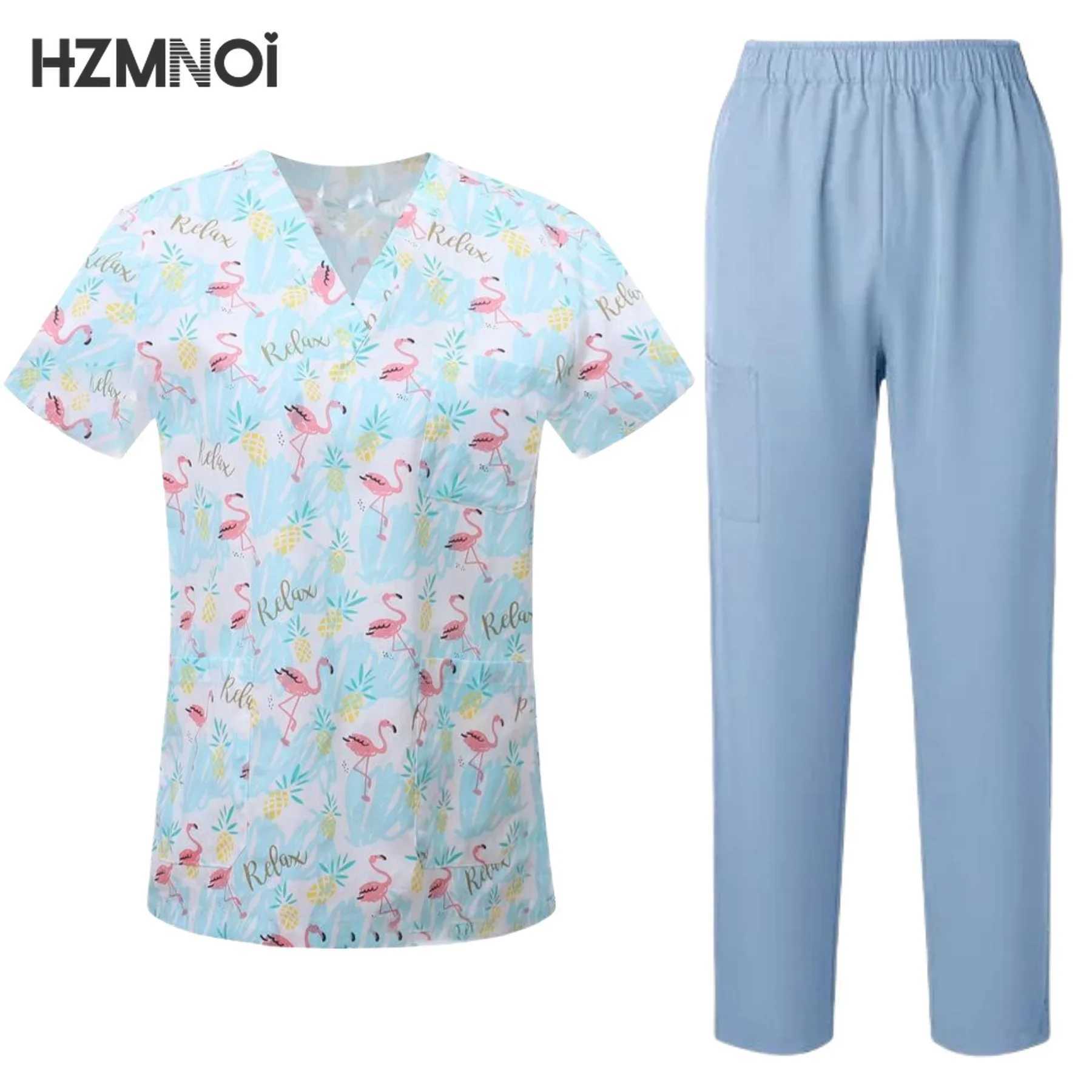Surgical Uniform Womens Printed Shirt Pocket Pants Medical Matte Set Beauty Sn Work Clothes Clinical Matte Top+Pants Spa Set X250410