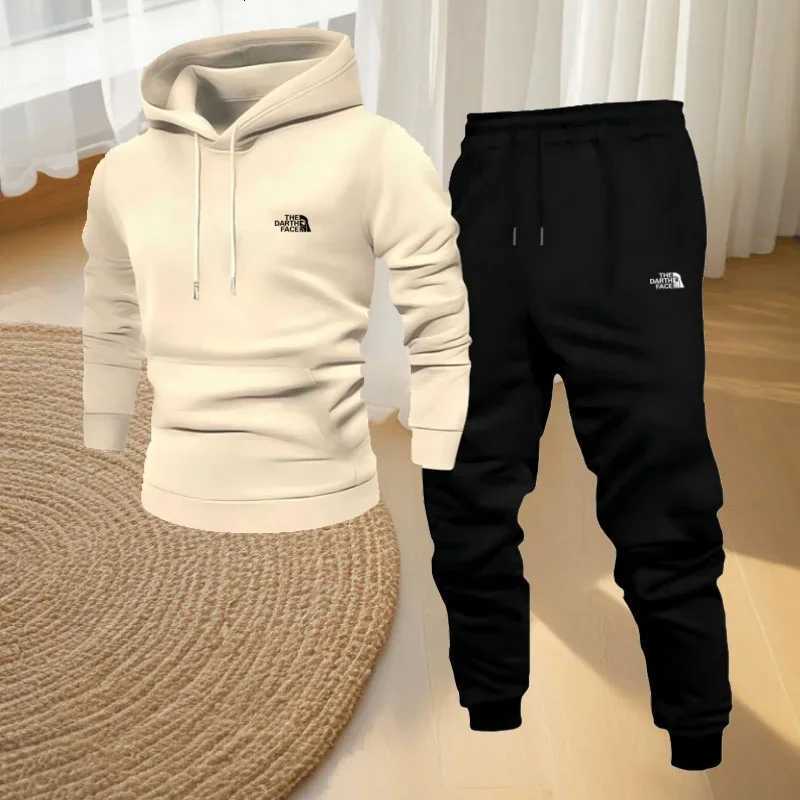 Hot-selling mens hooded sportswear and fitness set autumn and winter mens casual printed sweatshirt jogging long pantsT251111