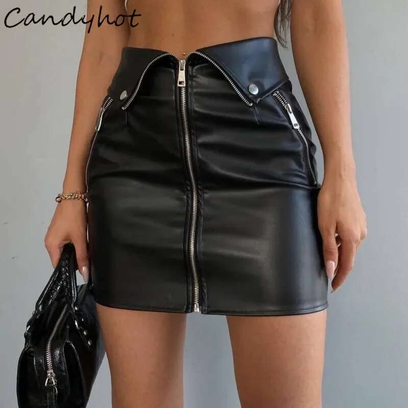Candyhot Sexy Y2k PU Leather Zipper Casual Skirt Chic Multi Zip Fashion Slim Hip Skirts Summer Club Party High-Waist Mini Dress