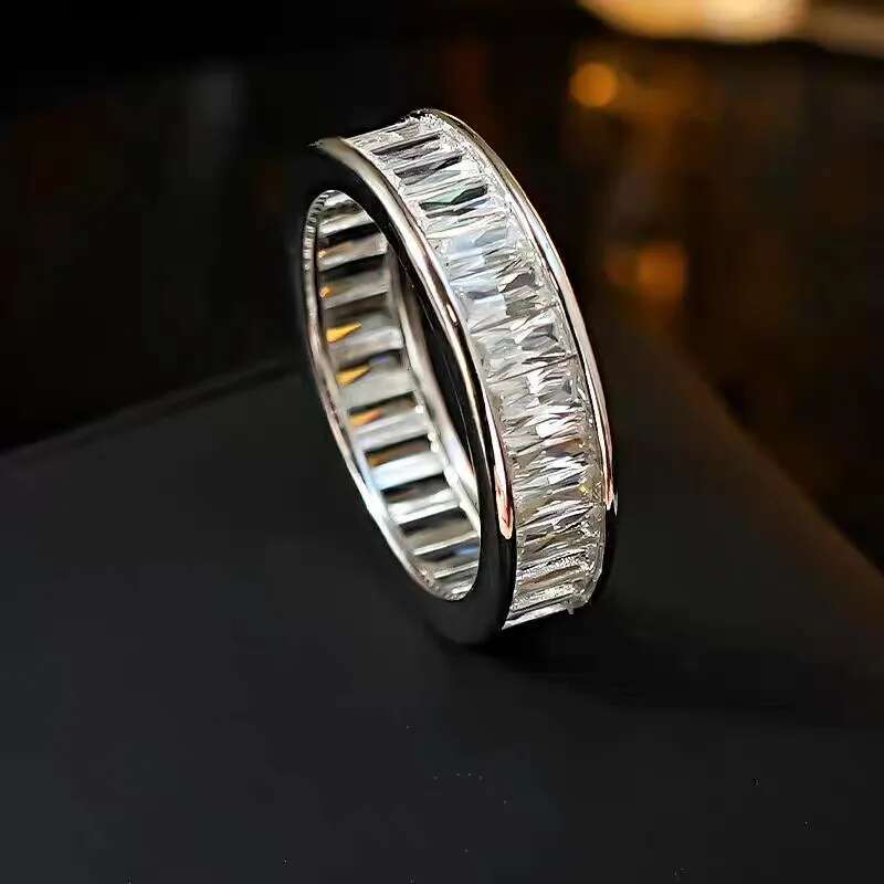 Rulalei Eternity Elegant Wedding Rings Pure 925 Sterling Silver Princess Cut White 7A Zircon CZ Diamond Party Fashion jewelry