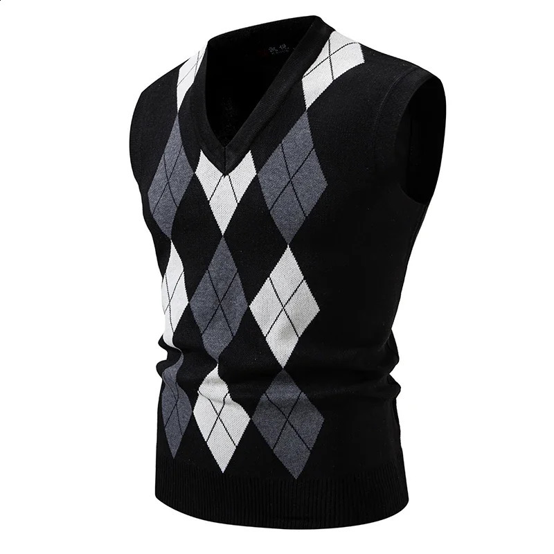 Autumn and winter knitted vest Vneck diamond grid drag sweater mens 250411Z