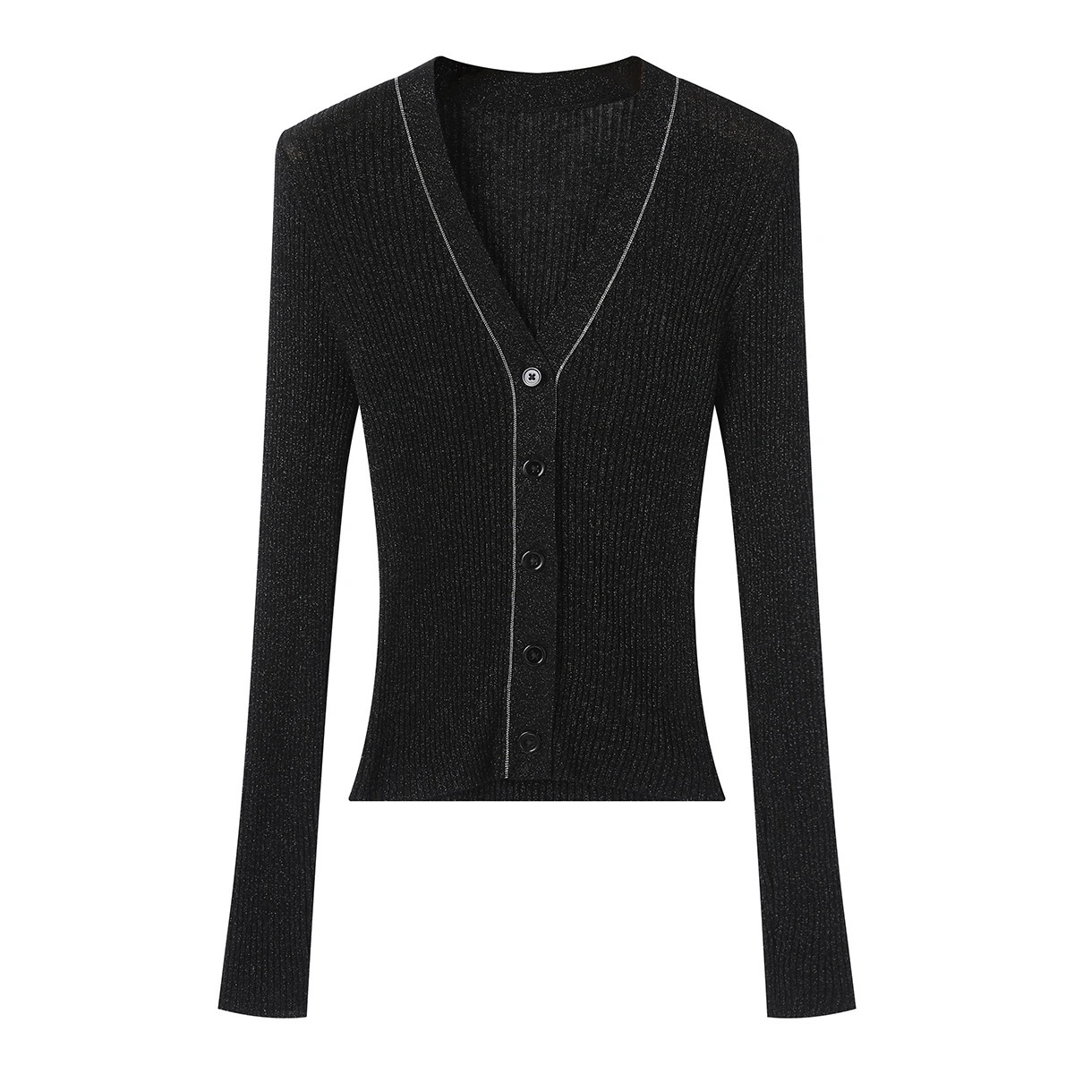 BY3521280 Womens Ribbed Superfine Merino Wool Knit ButtonFront Cardigan Long Sleeve VNeck Sweater for Fall 251107