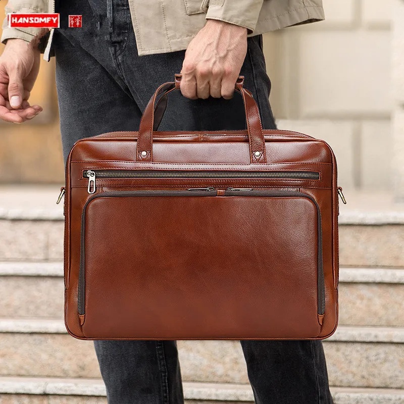 business leather mens handbag Surface 15.6-inch laptop bag shoulder cross body briefcase large capacity 250410