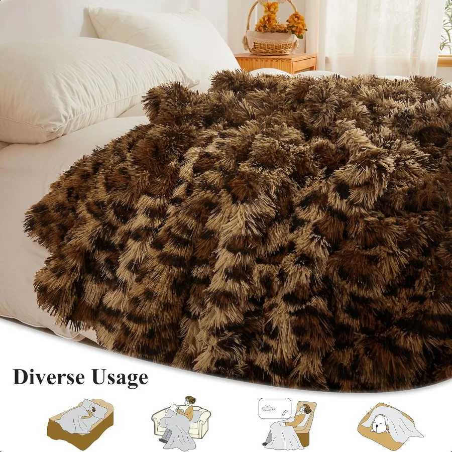Luxury Faux Fur Leopard Print Throw Soft 50x60 Cheetah Print Fluffy Blanket Shaggy Plush Decorative Couch Throw Cute Furry Fuzz C251111