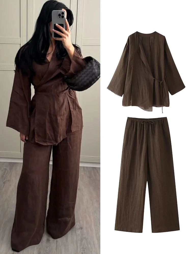 Wide Leg Pants Sets 2 Pieces Women Fashion Lace Up Kimono Tops Womens Suit Two Piece Set Spring Women Outfit 251105