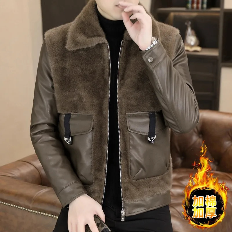 Winter Leather and Fur Integrated Jacket Men Thickened and Warm Faux Fur Jacket Casual Business Social Overcoat Men Clothing 251110