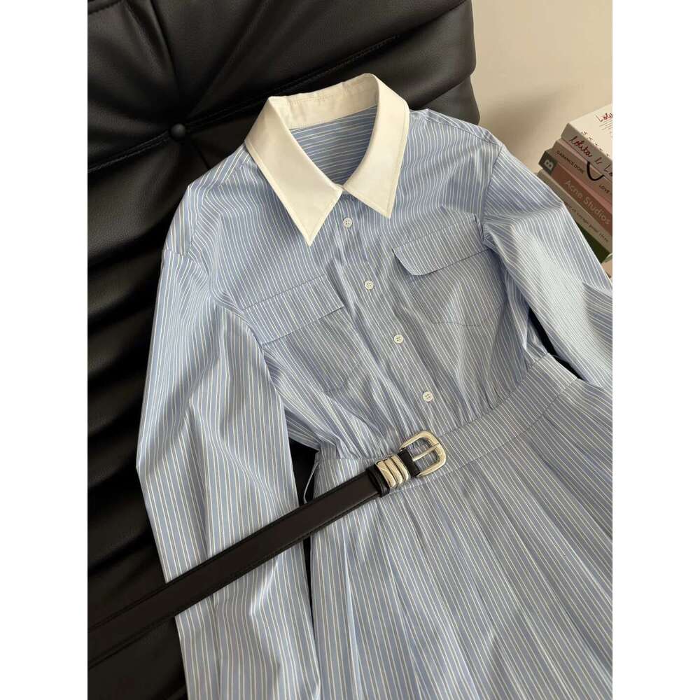 SS Blue White Vertical Stripe Shirt Dress Korean Style, Oversized Loose Tunic With Contrast Collar & Slimming Belt