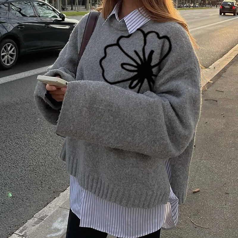 Women's color-block top, round-neck long-sleeved sweater, flower embroidery, slit at the bottom, casual street chic, popular in autumn and winter
