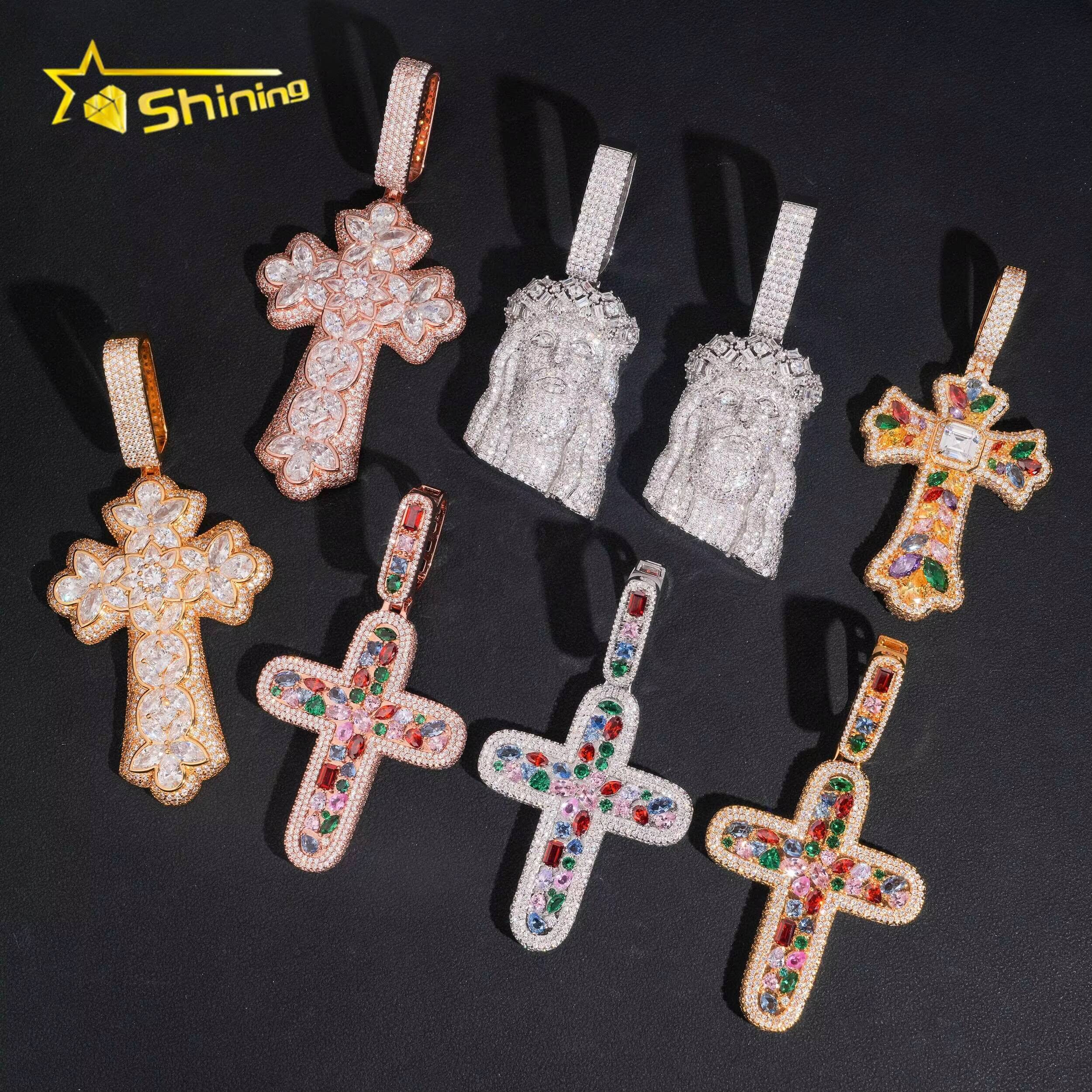 Fashion Pendants Charms Collection Hip Hop Jewelry Brass Iced Out Colored Moissanite Cross Pendant Men Women Brass Jesus Pendant