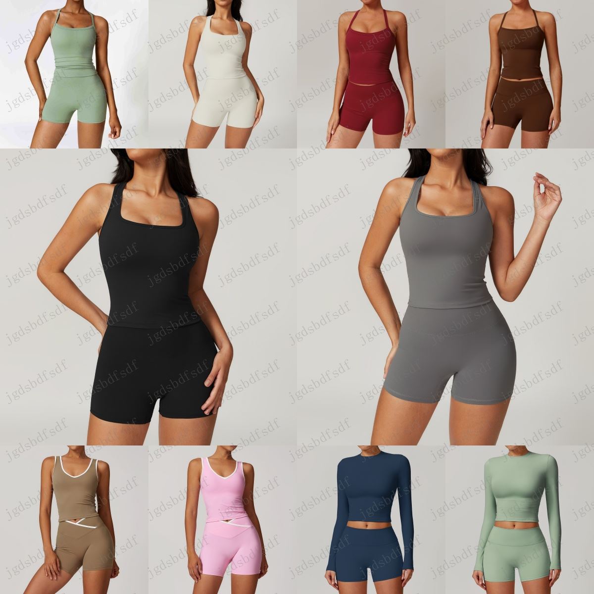 8519 Womens Yoga Outfit Yoga Sets Pants Vest Excerise Sport Gym Running Trainer Casual Shorts Elastic High Waist Close-Fitting Sportwear Long/Short Sleeve