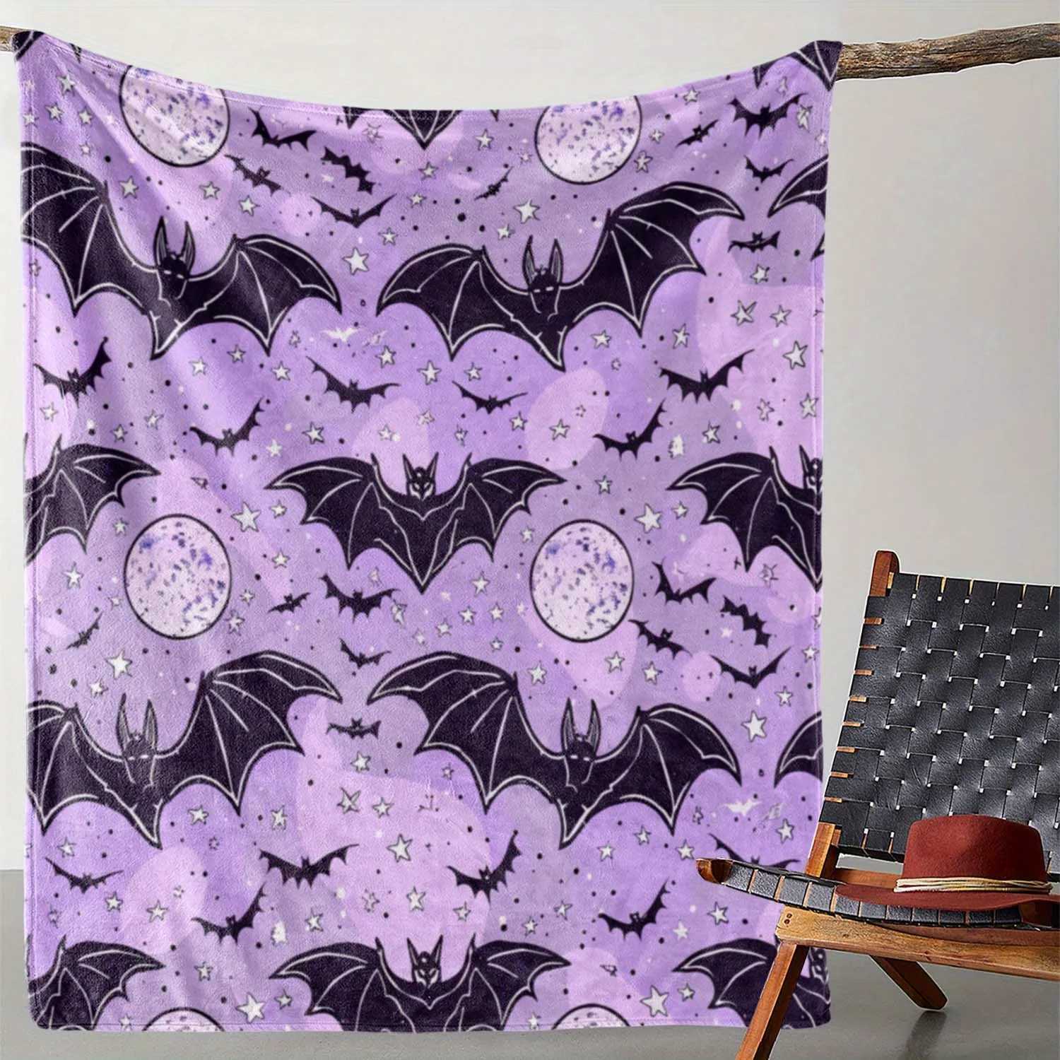 1pc Sdoo Halloween Flannel Blanket - Purple Vampire bats Gothic Print Stars - Soft Warm Throw for Couch Bed Camping Travel C251111