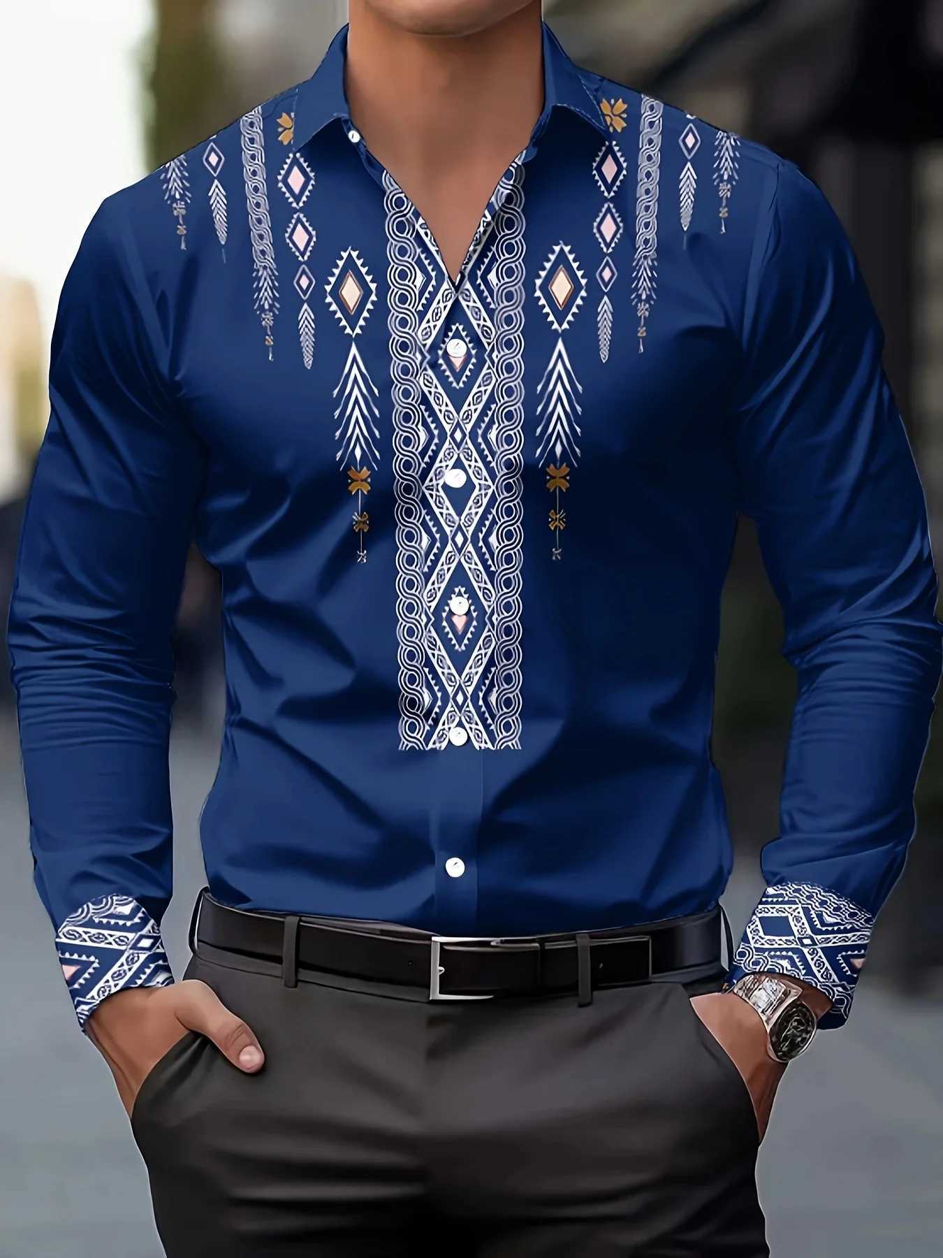 Mens Ethnic Print Casual Shirt - Breathable Long Sleeve Button-Up with Geometric Pattern Regular Fit Machine Washable K251110