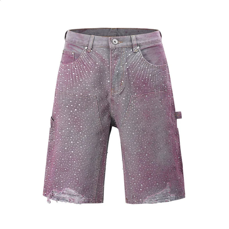 MAQVOB Top Quality European And American High Street Diamond Rhinestone Jean Pants Ink Dyed Gradient Denim Shorts 250410