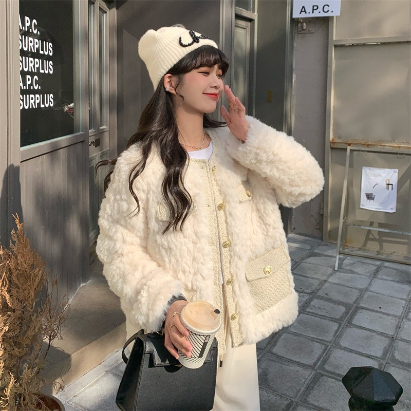 Designer Women's Jackets Small Fragrance Coats Solid Color Turn Down Collar Long Sleeve Pockets Lamb Wool Short Winter All Match Clothing