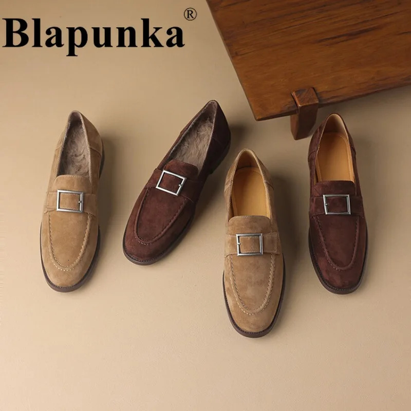 Blapunka Soft Suede Women Loafers Punk Metal Buckle Decoration Round Toe Slip-on Flats Rabbit Fur Inside Loafer Shoe 41 251110