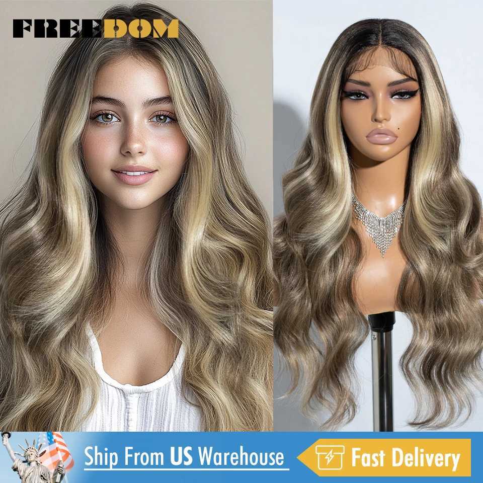 FREEDOM Synthetic Lace Front Wigs For Women 26 Inch Highlight Honey Brown Body Wave Wig Ombre Blonde Black Wig Cosplay Lace WigT251111