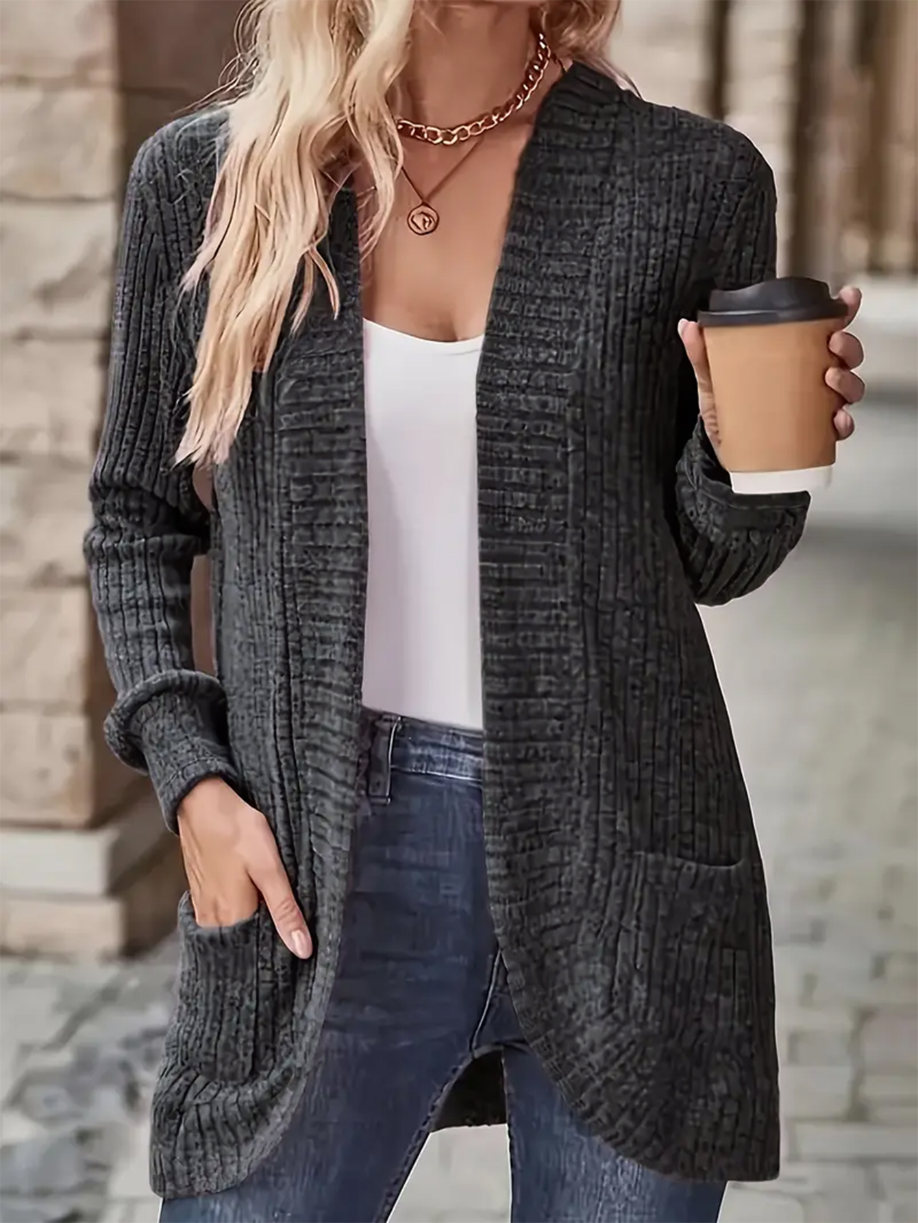 Women's Ribbed Knit Cardigan, Casual Fashion Open-Front Sweater Jacket, Long Sleeve with Pockets, Loose Fit for Daily Wear & Layering Outfits-T4