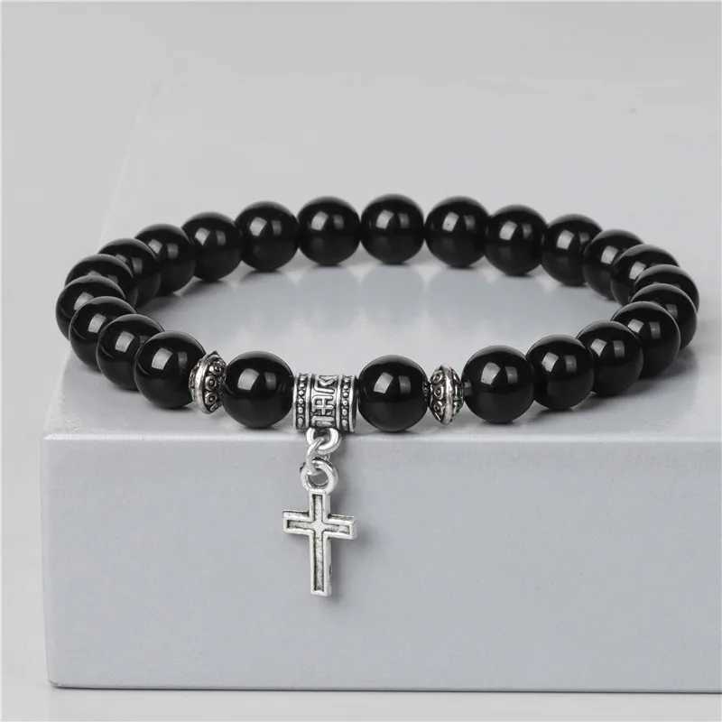 Trendy Men Beads Bracelet Slivers Color Cross Pendant Bracelet Natural Stone Bracelets Charm for Women Healing Prayer JewelryC250410