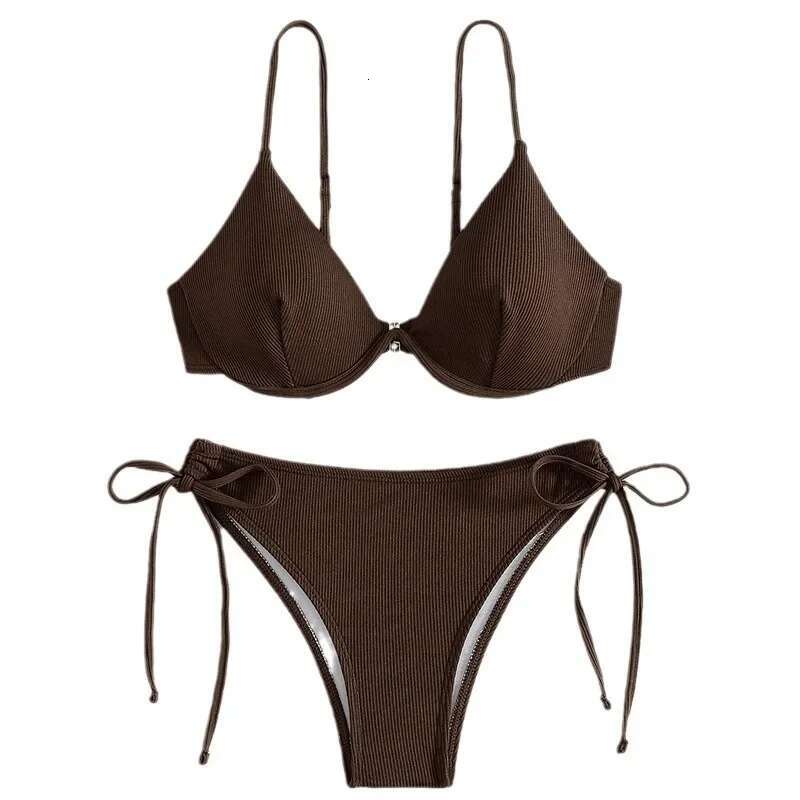 Sexy Gathered Backless Bikini Women's Pure Color Strap Steel Support Separable Swimwear Trendy 2024 New Model Hot Sale