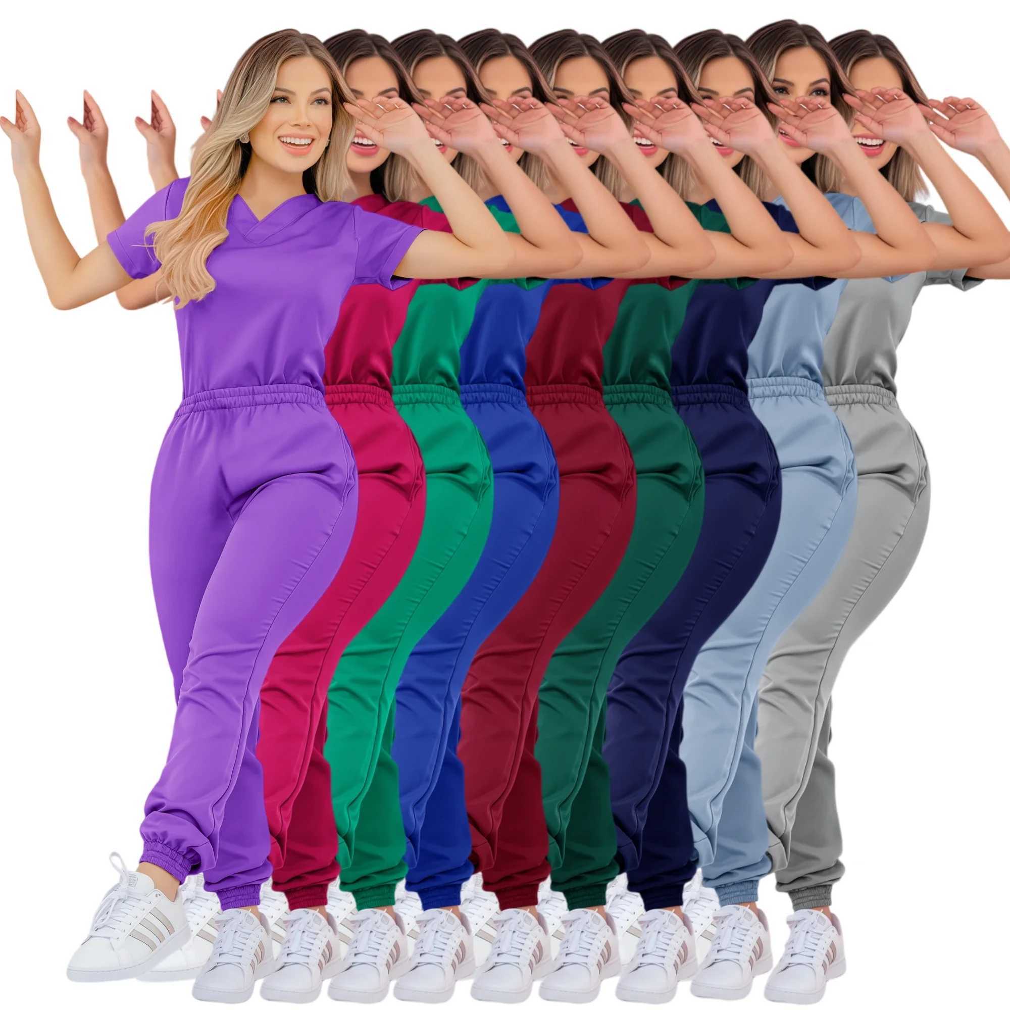 High quality frosted doctor medical center uniform comfortable staff scrub set womens beauty spa Sn Tunic Top+Pants workwear X250410