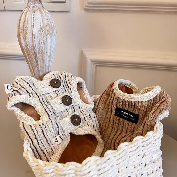 Stylish Striped Design Pet Vest Clothes with Soft Corduroy Material, Warm Fleece Lining, Cute Button Decoration, Fashionable Winter Outfit for Dogs an