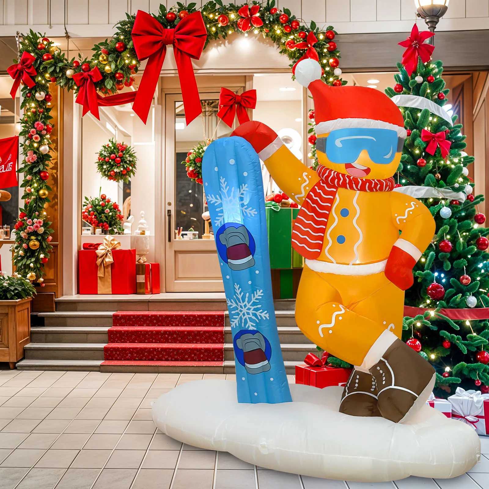 Christmas OurWarm 6FT Christmas Inflatable Outdoor Decor Skiing Gingerbread Inflatable Christmas Decor Gingerbread Blow Up Yard Decor Y251111