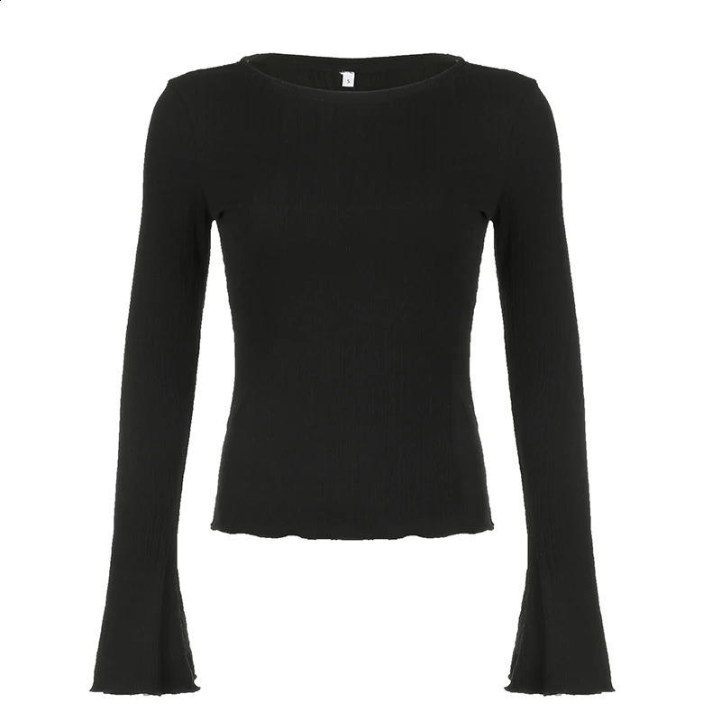 Rockmore solid pleated long sleeved Tshirt Flare sleeves Spring and Autumn womens ultrathin casual staff collar basic floral top 250407
