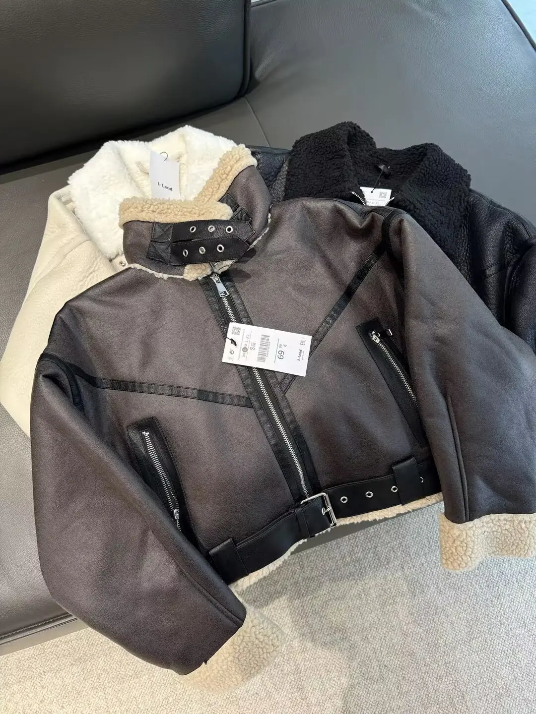 autumn and winter womens clothing lapel belt decorated with fur one-piece fleece motorcycle jacket short coat 251106