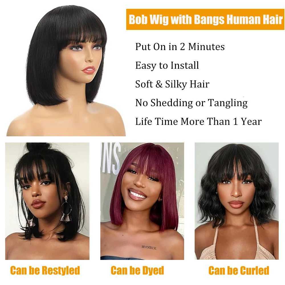 Short Bob Wigs Straight Human Hair Wigs Full Machine Made Wigs With Bangs Brazilian 100 Human Hair Wigs Natural Color 8-14 InchT251111