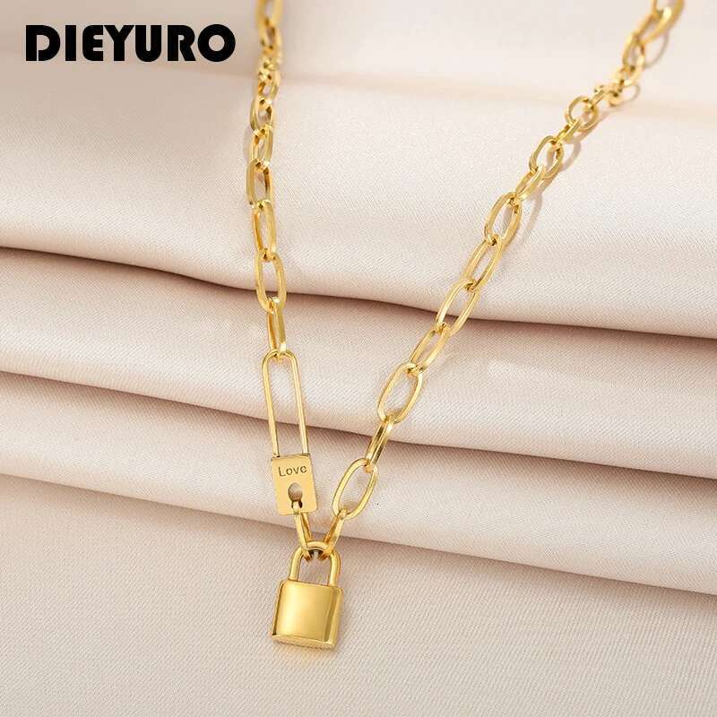 DIEYURO 316L Stainless Steel Letter Love Lock Pendant Thick Chain Necklace Female Fashion Retro Exaggerated Punk Style Party