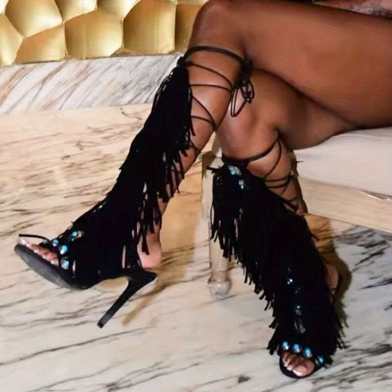 Women's Ultra-High Heel Knee-High Fringe Boots Strappy Lace-Up Ankle Strap Open-Toe Sandals With Tassel Charms, All-Season Dressy Shoes For Parti