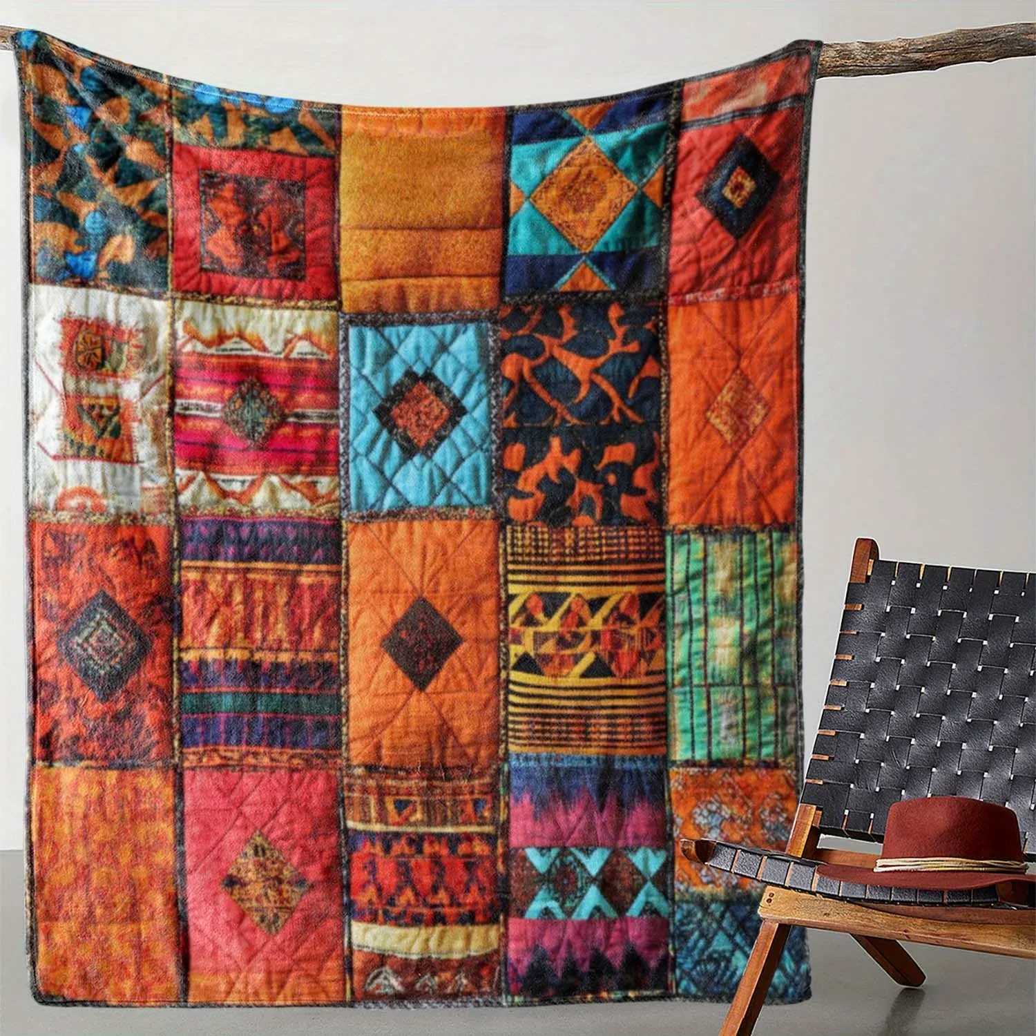 Bohemian patchwork geometric pattern print blanket warm and cozy soft blanket for sofa bed couch car office camping travel gif C251111