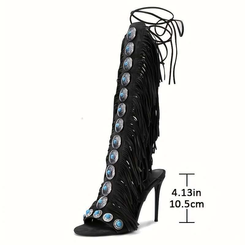 Women's Ultra-High Heel Knee-High Fringe Boots Strappy Lace-Up Ankle Strap Open-Toe Sandals With Tassel Charms, All-Season Dressy Shoes For Parti