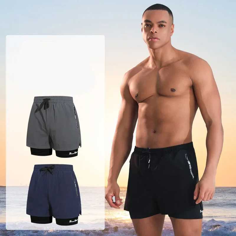 Mens swimming pants double-layer flat angle adult quick drying anti awkward swimming pantsW250410