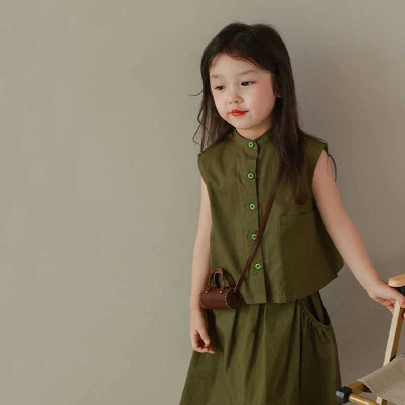 Summer childrens clothing set womens pure cotton Korean style sleeveless dress two-piece set fashionable casual breathable set 3-8YXJ250410