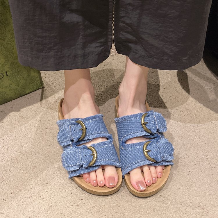 Women's Summer 2025 new high-end denim fashion flip-flops Belt buckle decoration platform flip-flops beach shoes flip-flops