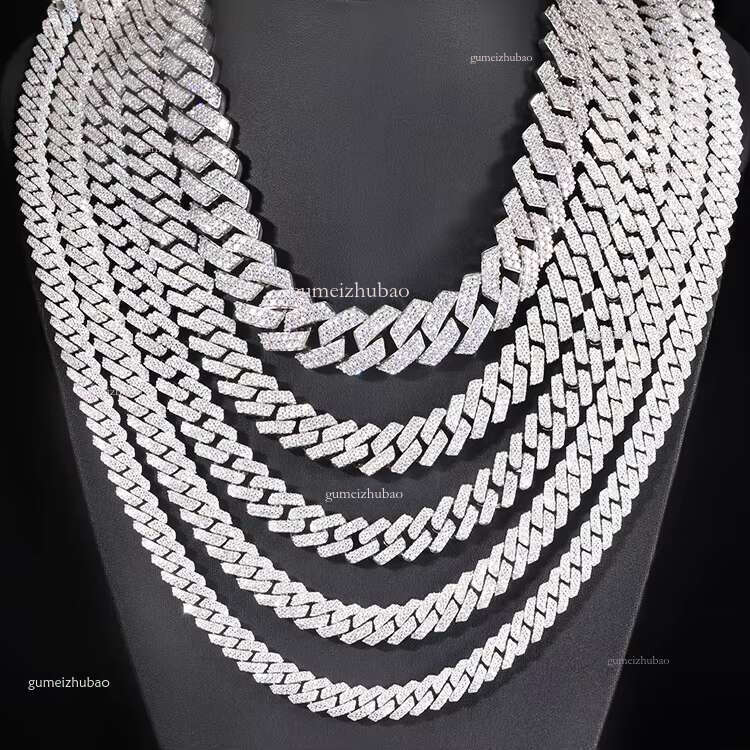 Gold Plated 100% Pass Tester 2rows VVS Moissanite 8mm-15mm Wide Sier Cuban k Chain for Hip Hop Rapper Jewelry