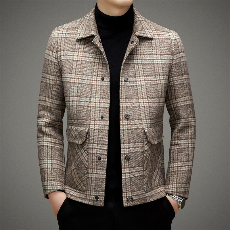 Loose Fit Men's Wool Fashion Plaid Double-Sided Short Jacket Plaid Autumn Winter New Turn-Down Collar Men's Trendy Coat Autumn Thickened Woo