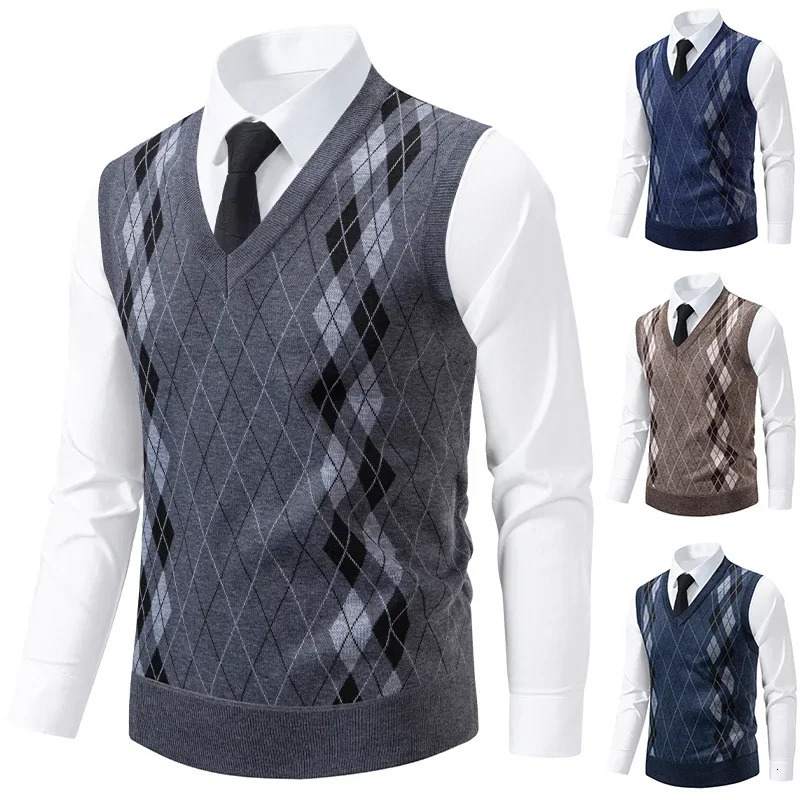 Middleaged Mens Slim Fit Knitted Sweater Vest Autumn Winter Warm Plaid Inner Wear Dad Style Top Quality Chinese 251104