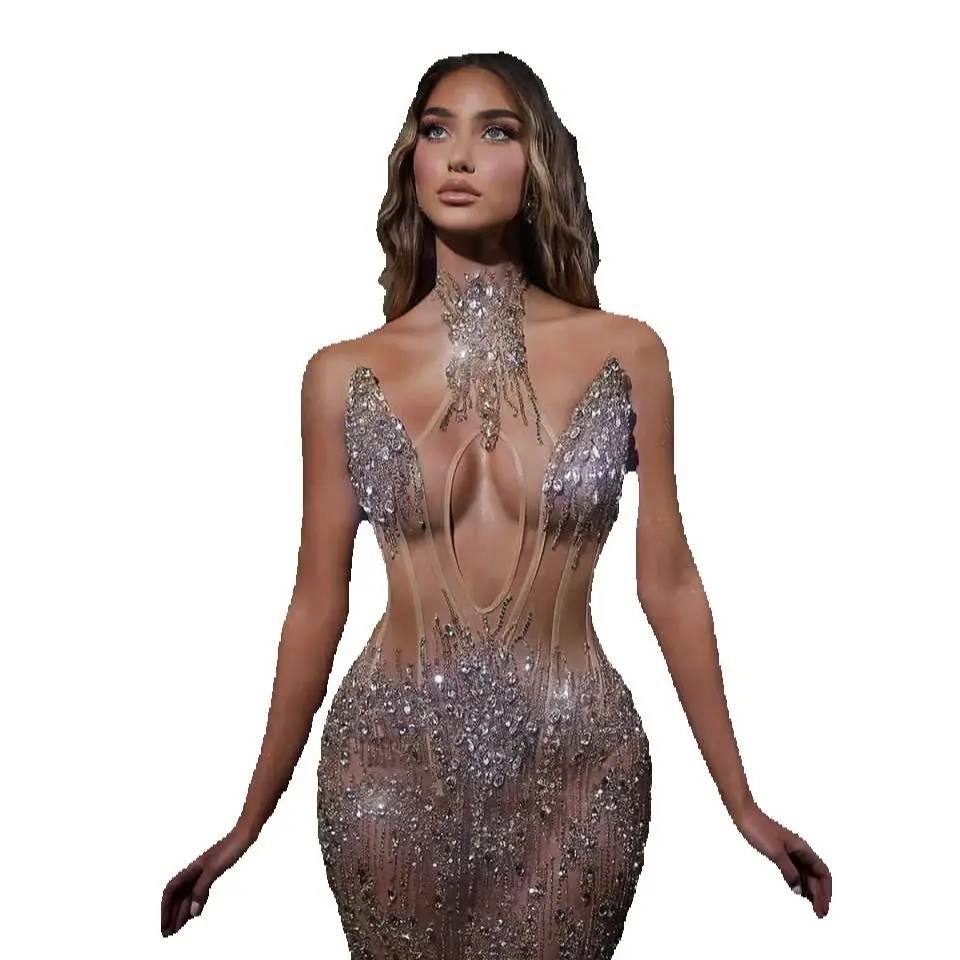 Beaded Rhinestones Evening Dress Sexy Illusion High Neck Prom Dresses Customized Sleevless Floor Length Cocktail Gown For Women