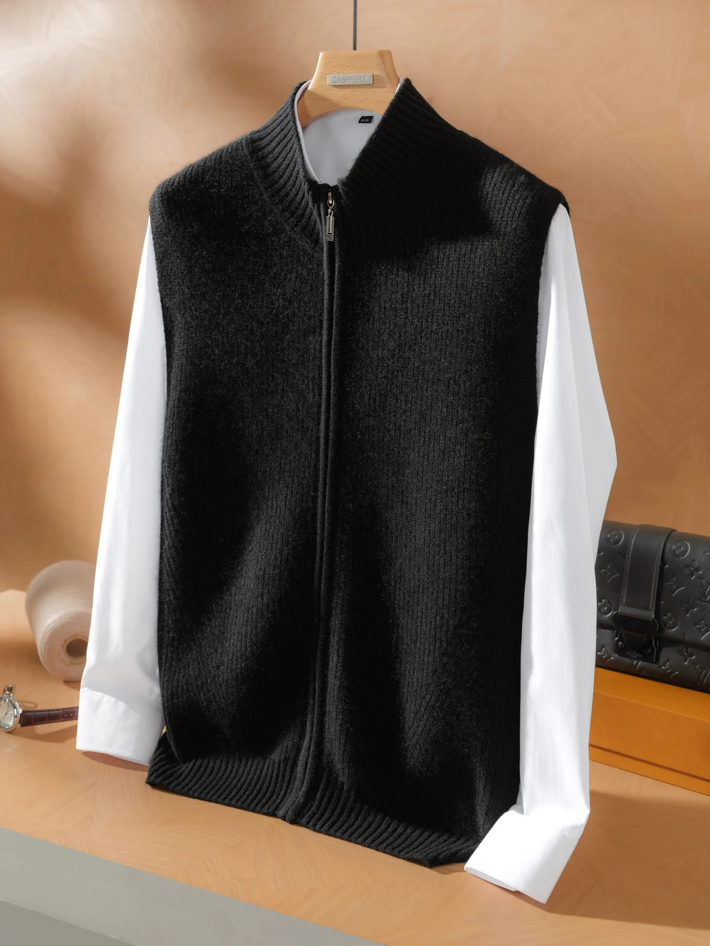100 Cashmere Cardigan Vest Sweater Autumn Winter Men Mock Neck Zipper Sleeveless Soild Smart Casual Knitted Waistcoat Highend 251104