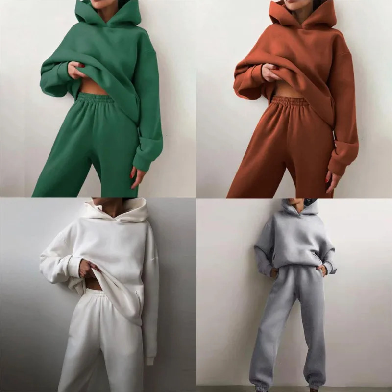 Womens Sportswear Casual Solid Color Long Sleeve Hooded Sports Suit Fall Warm Hoodie Sweatshirt And Pants Fleece Two-Piece Set 251105