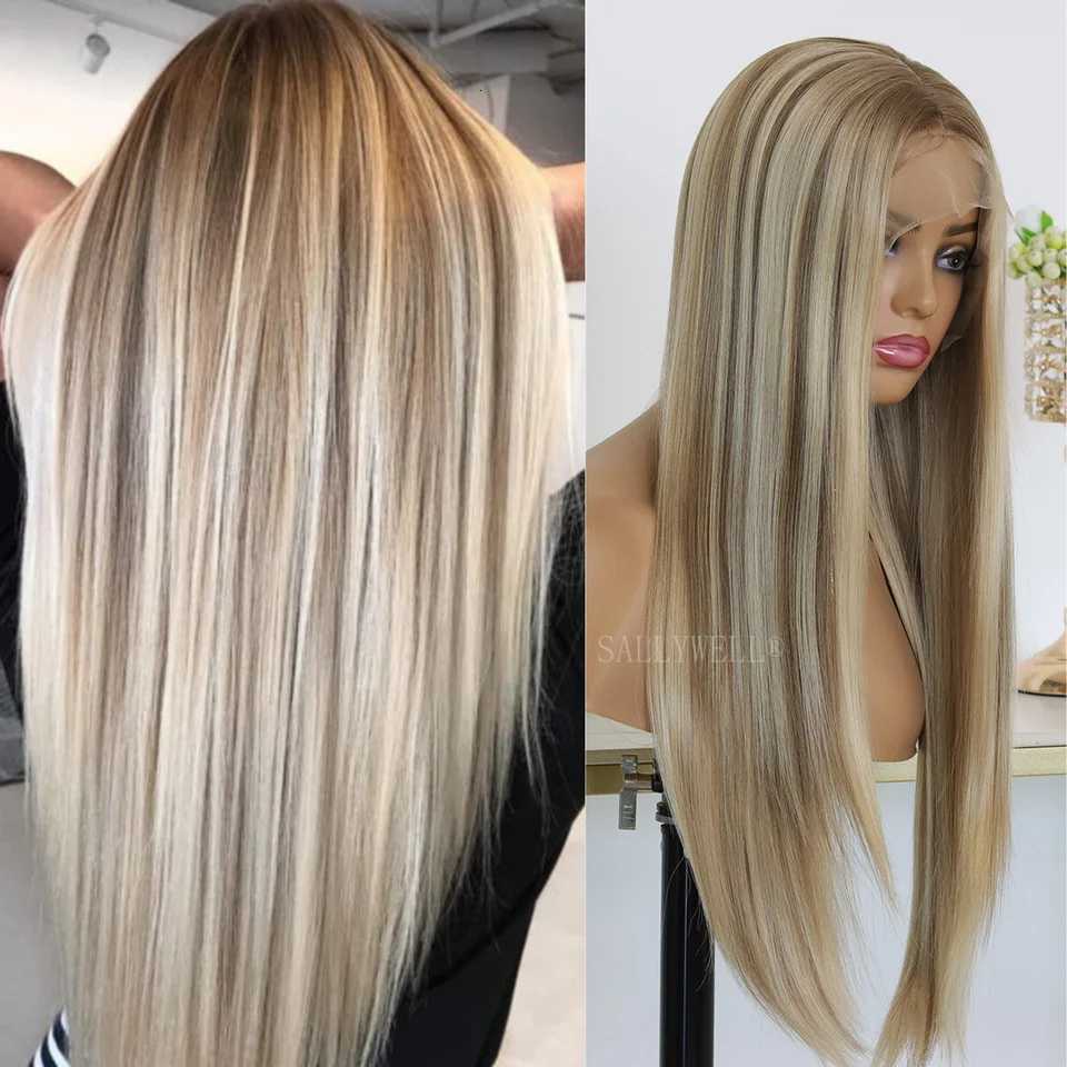 Highlight Brown 13x4 Lace Front Wig Synthetic Lace Wigs for Women Ombre Brown Mixed Blonde Glueless Heat Resistant Fiber HairT251111