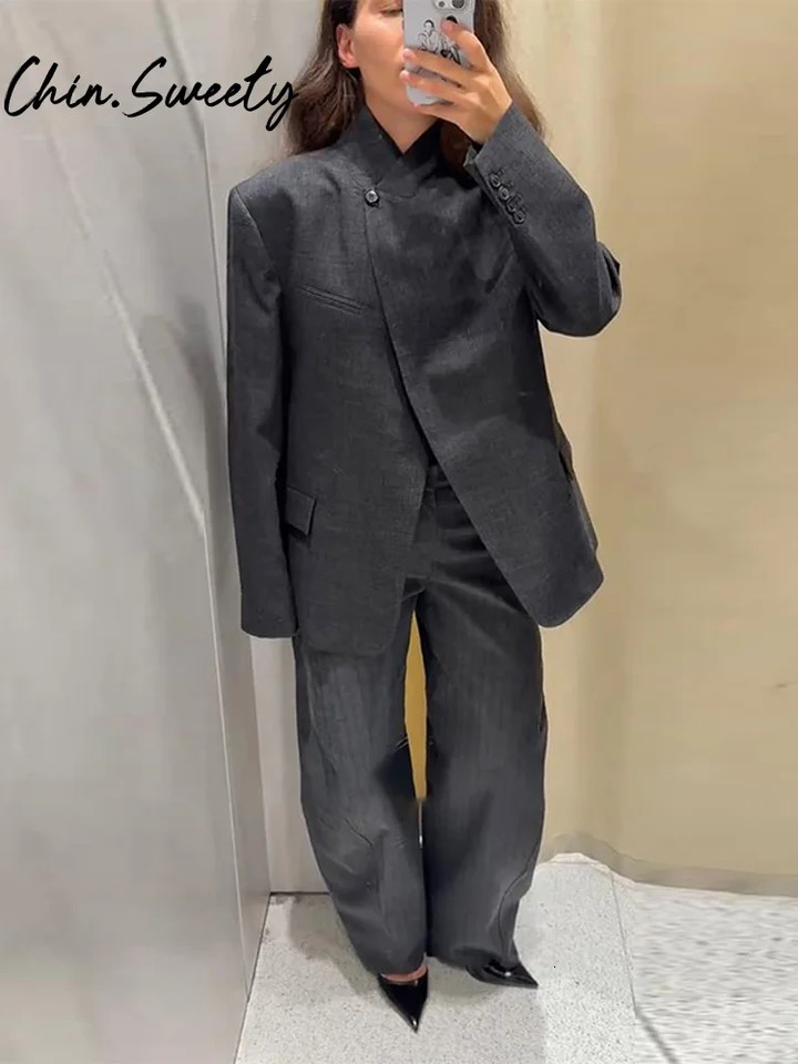 Loose Solid Coat Pants Women Set Long Sleeve Stand Collar Single Button Blazer Striped Trousers 2025 Autumn Winter Lady Outfit 251105