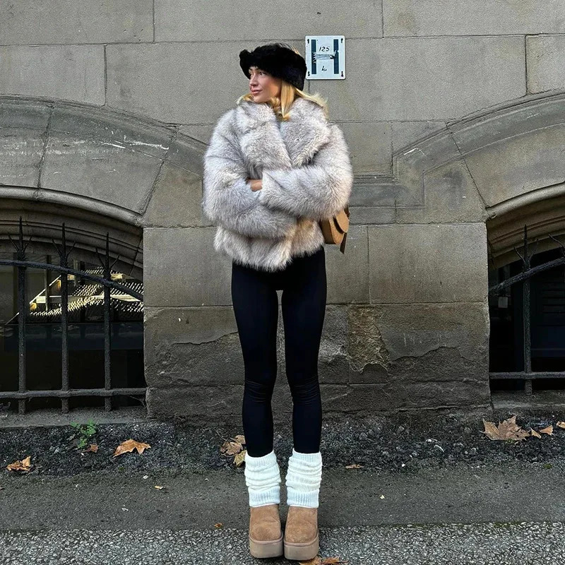 Autumn Winter Women Mink Fur Jacket Short Gradient Lapel Collar Female Artificial Fur Coat Fluffy Loose Lady Faux Fox Fur Coat 251106