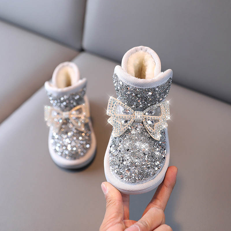 Girls Snow Boots Rhinestone Sequins Kids Fashion Winter Boots Princess Child Kidszworld Toddler Winter Cotton Plush Glitter Boots with Bow Classic Siz